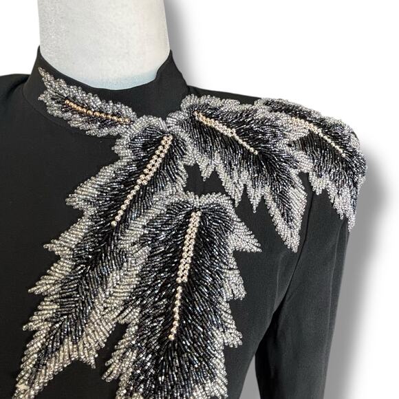 Vintage 80s Pavé Black Silk Metallic Beaded Evening Gown Long Sleeve Maxi Formal - Picture 10 of 12